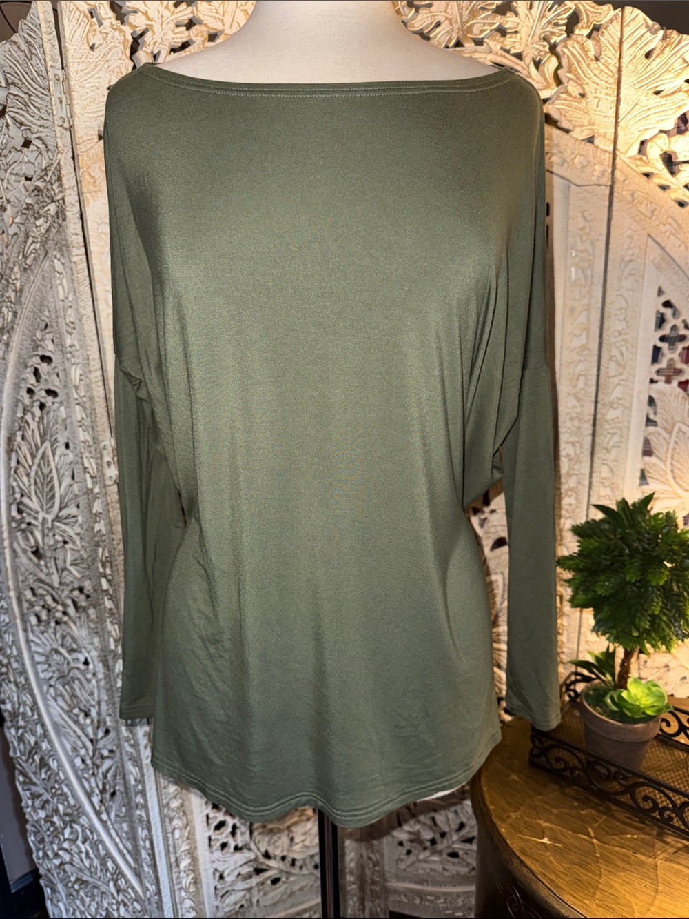 Piko 1988 Olive Green Long Sleeve Boatneck Top Bamboo and Spandex